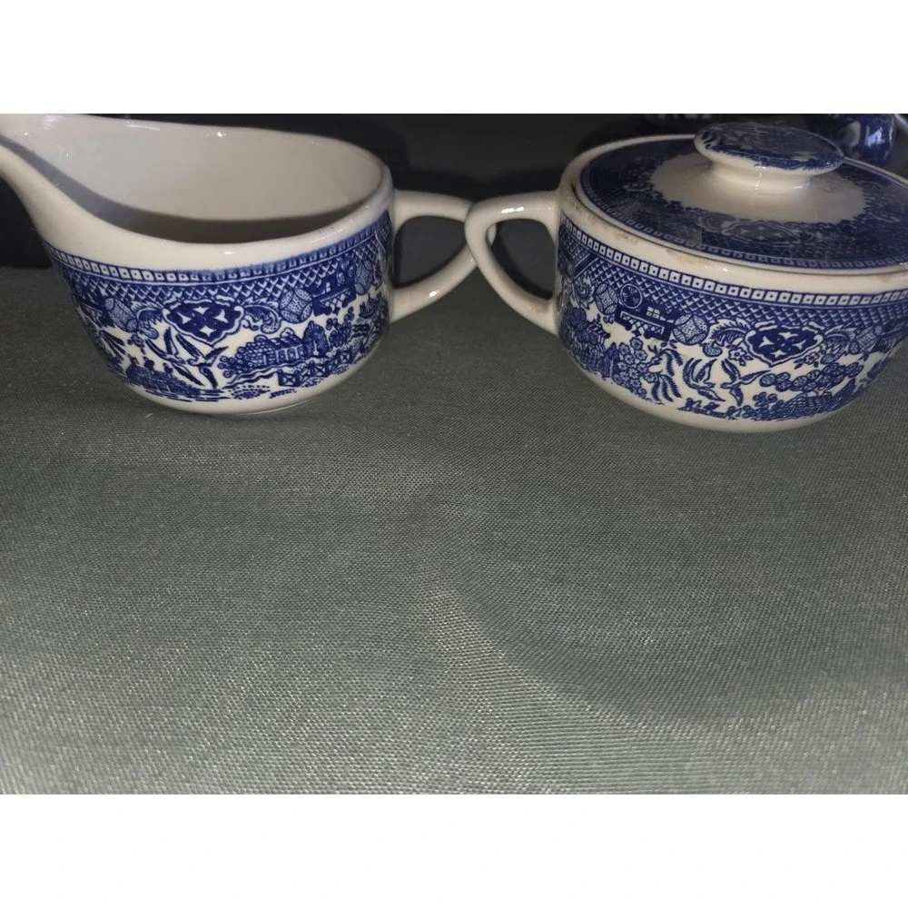 Blue Willow Creamer and Lidded Sugar Bowl Set Blue and White Chinoiserie Ceramic